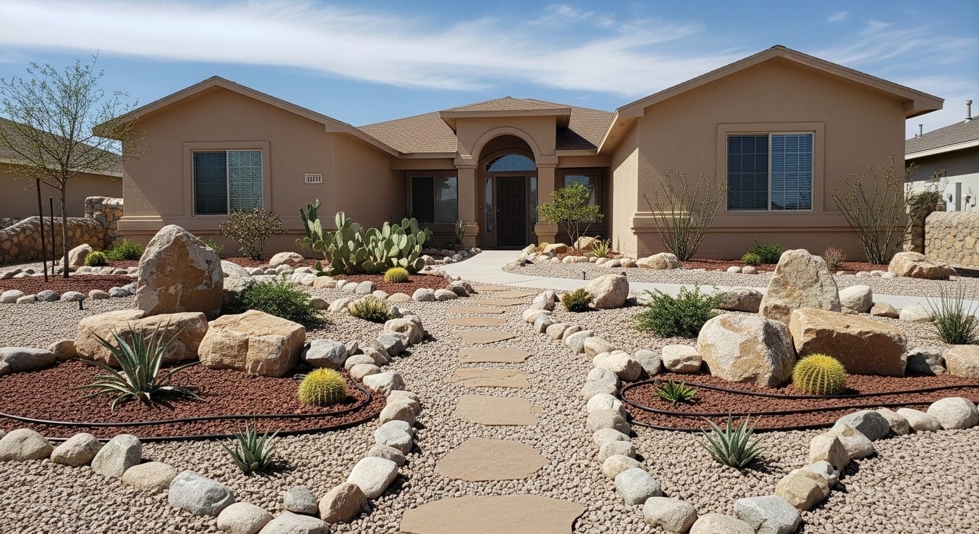 Front yard rock landscaping with desert plants and decorative gravel