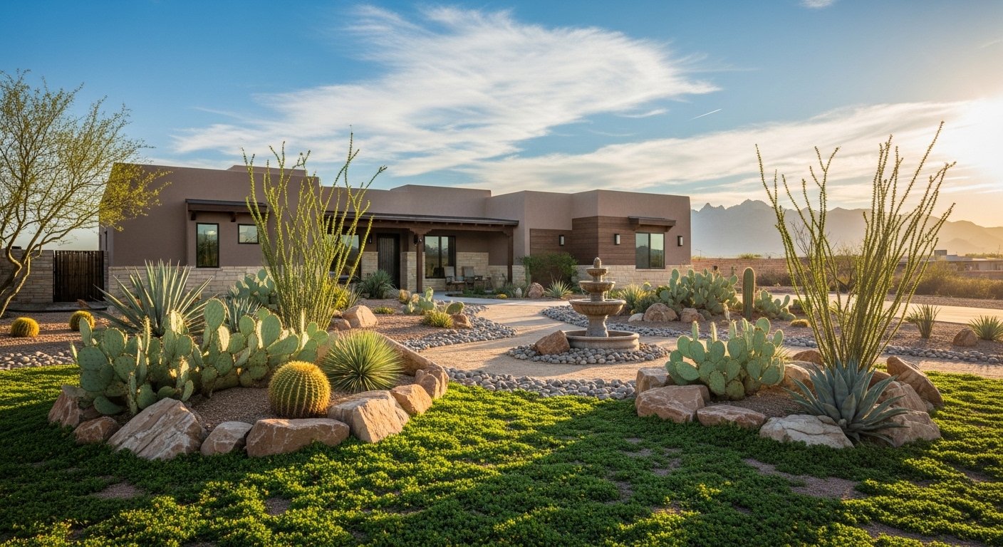 Residential desert home with landscaped yard