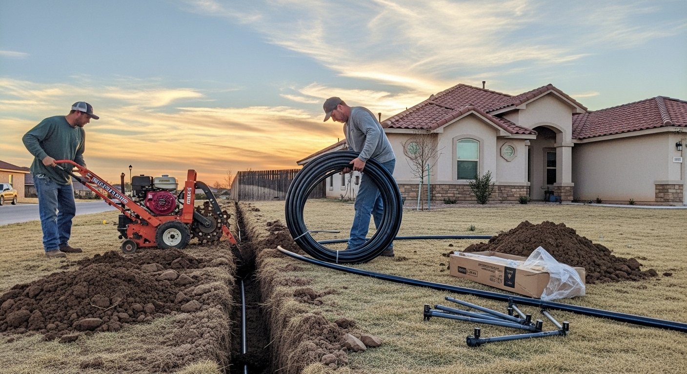 Technician working on irrigation lines in a residential yard