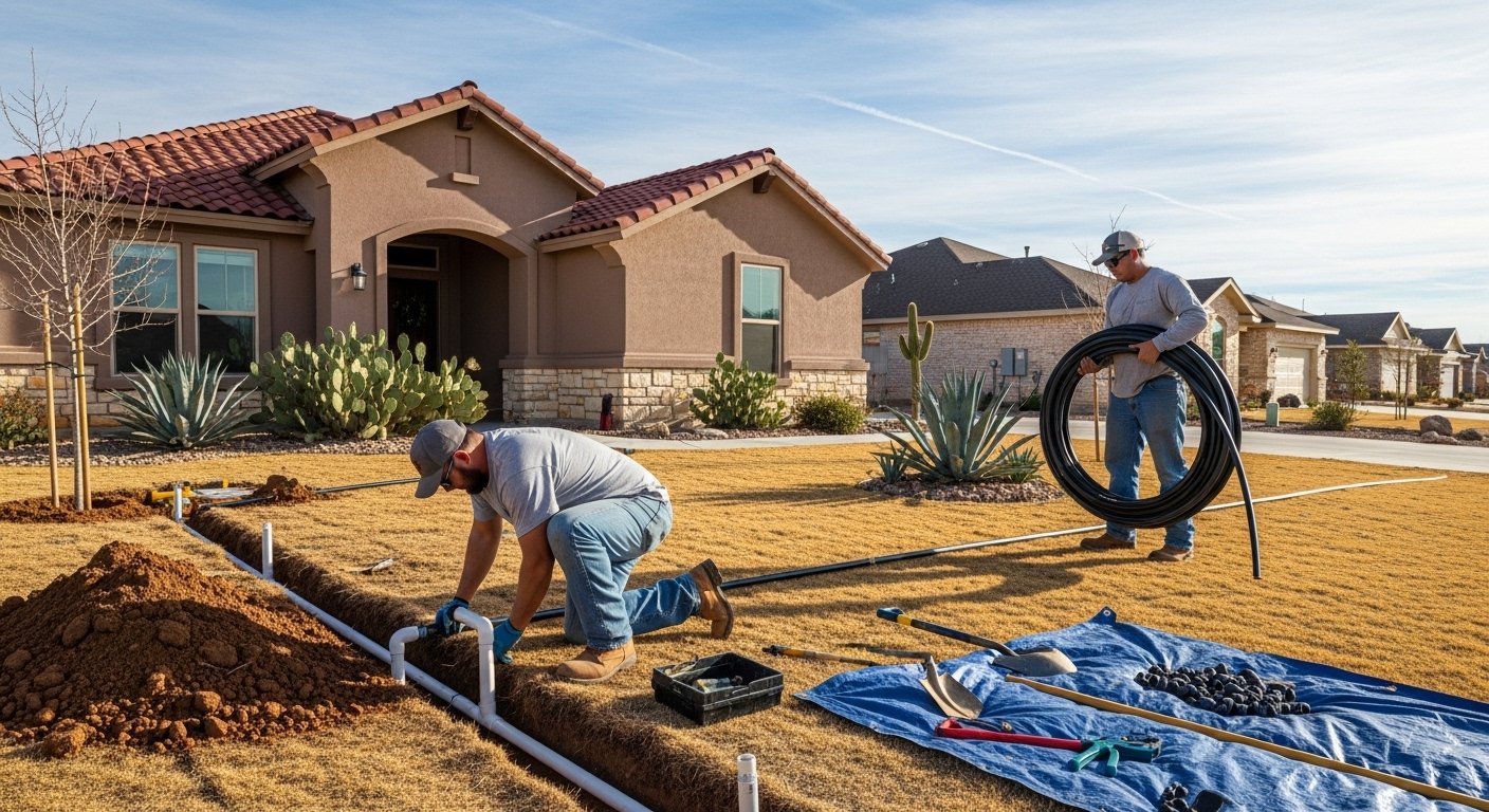 Irrigation lines being installed in a trench