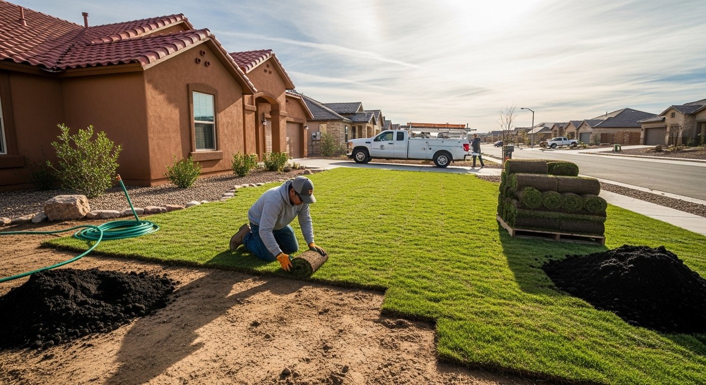 Sod installation in progress in a residential yard