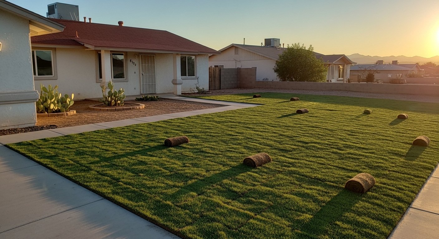 Fresh sod rolls laid in a residential yard