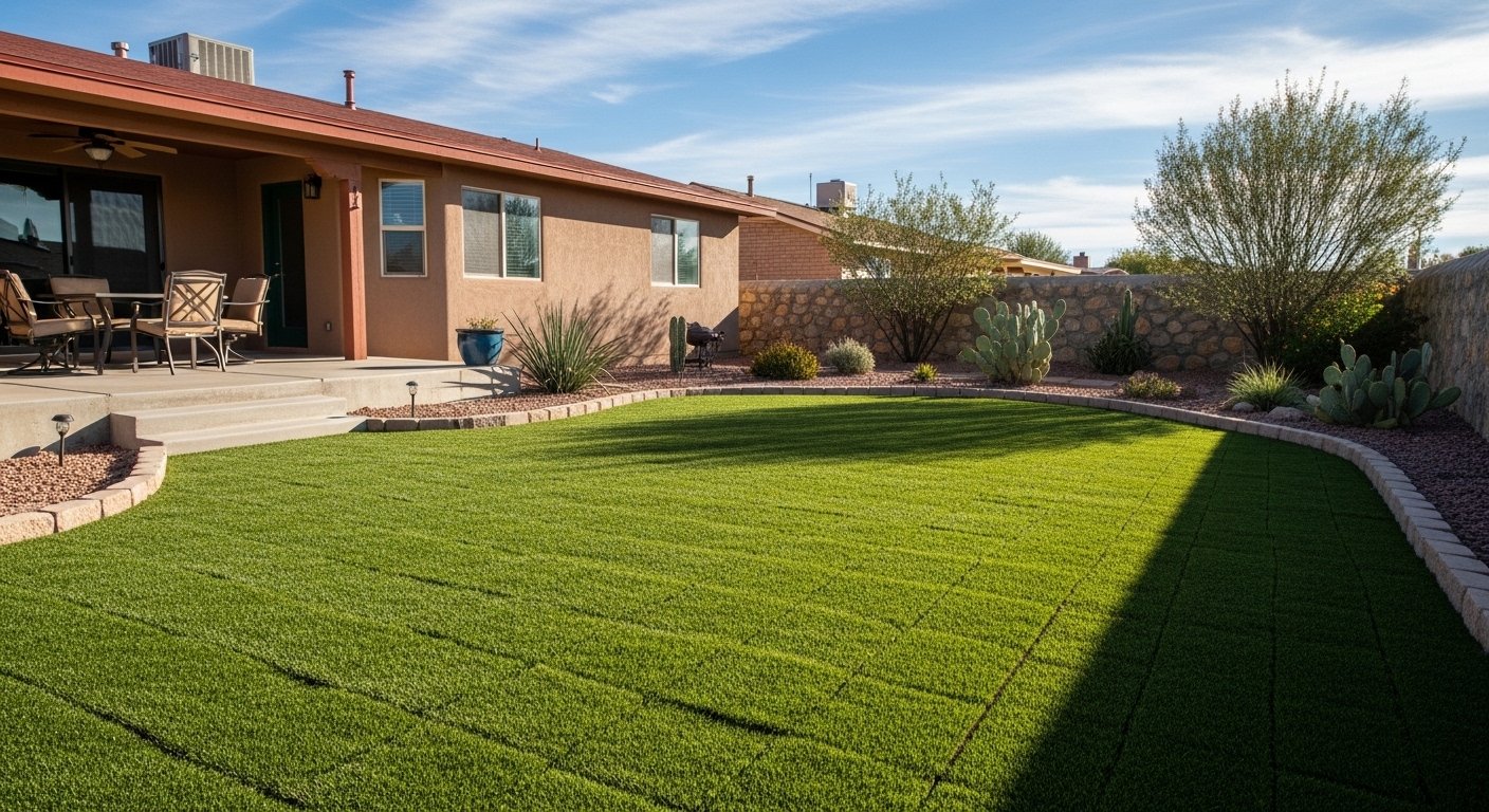 Artificial turf installed with clean edges in a desert backyard