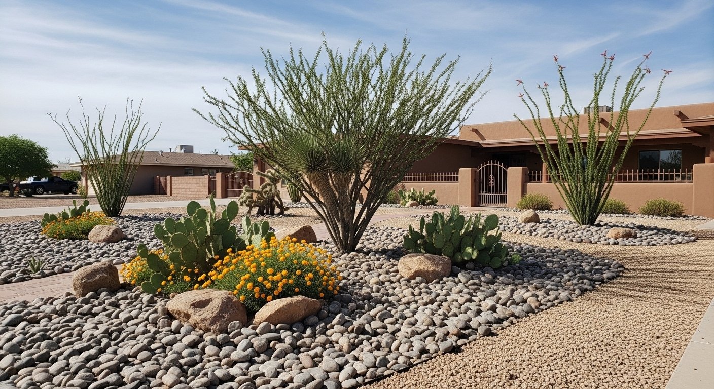 Xeriscape front yard with rocks and desert plants