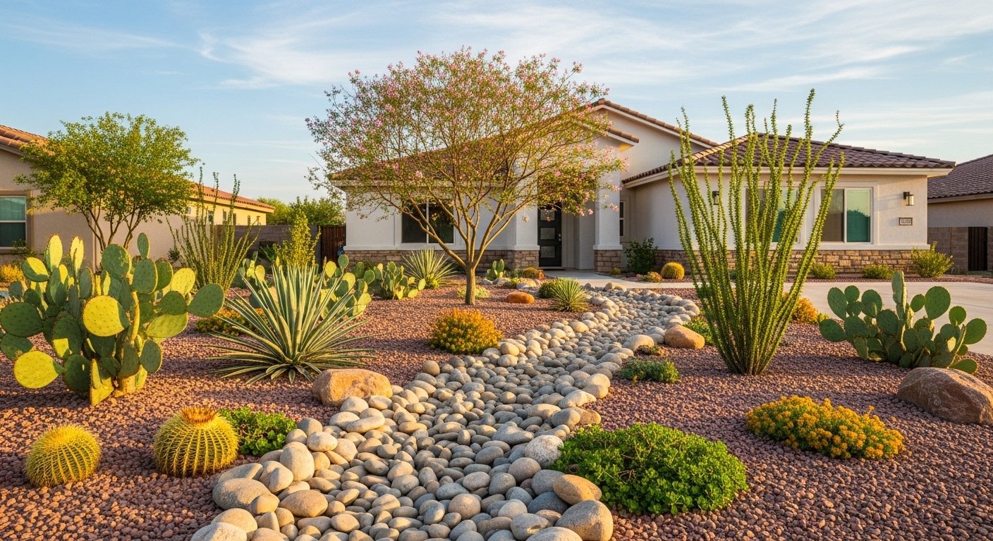 Desert landscaping with rocks and drought tolerant plants