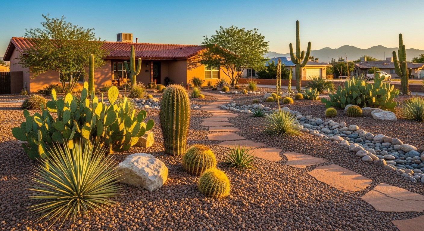 Desert plants and rock landscaping in a residential front yard
